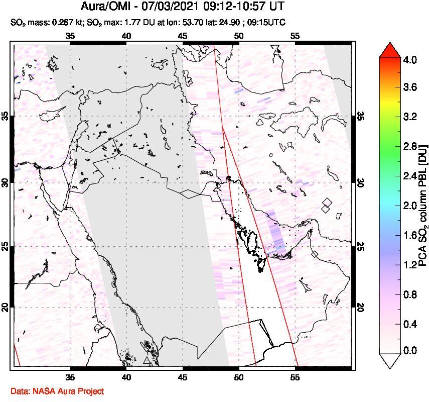 A sulfur dioxide image over Middle East on Jul 03, 2021.