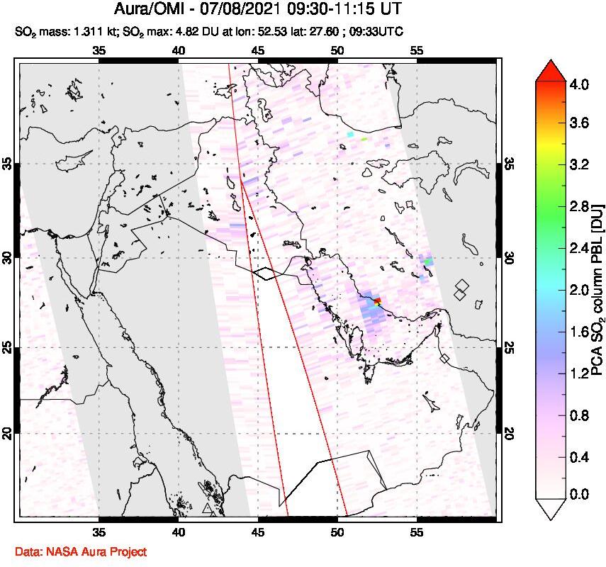 A sulfur dioxide image over Middle East on Jul 08, 2021.