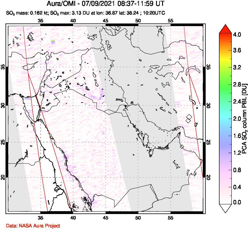 A sulfur dioxide image over Middle East on Jul 09, 2021.