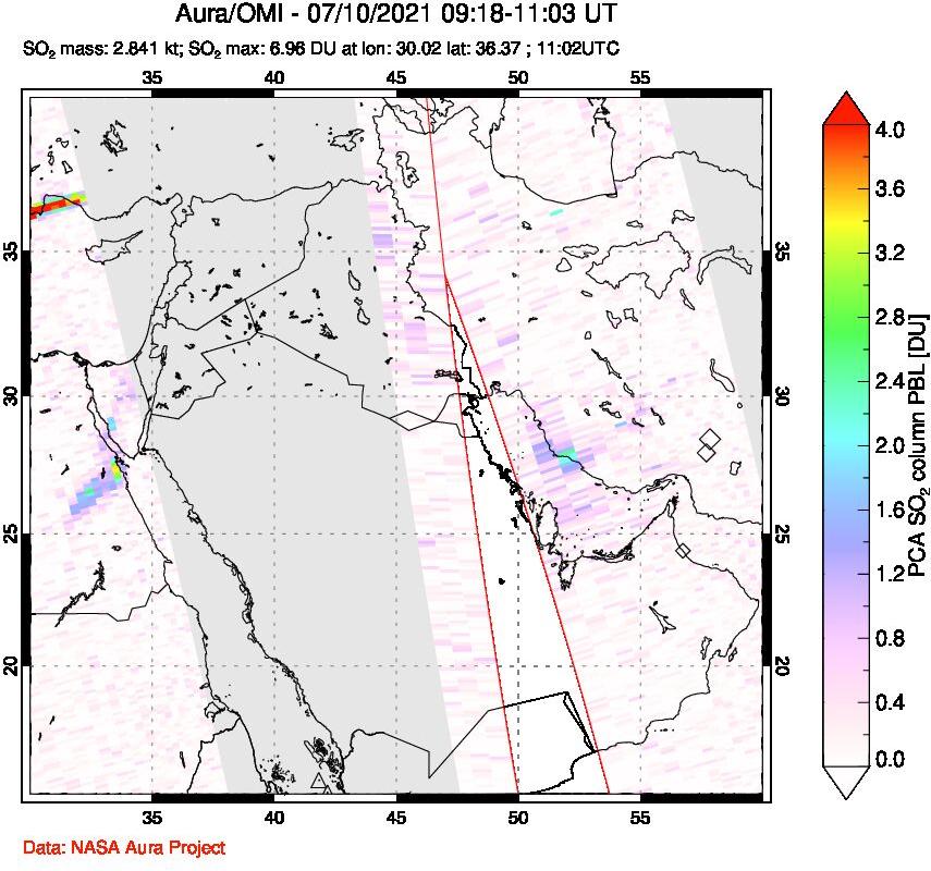 A sulfur dioxide image over Middle East on Jul 10, 2021.