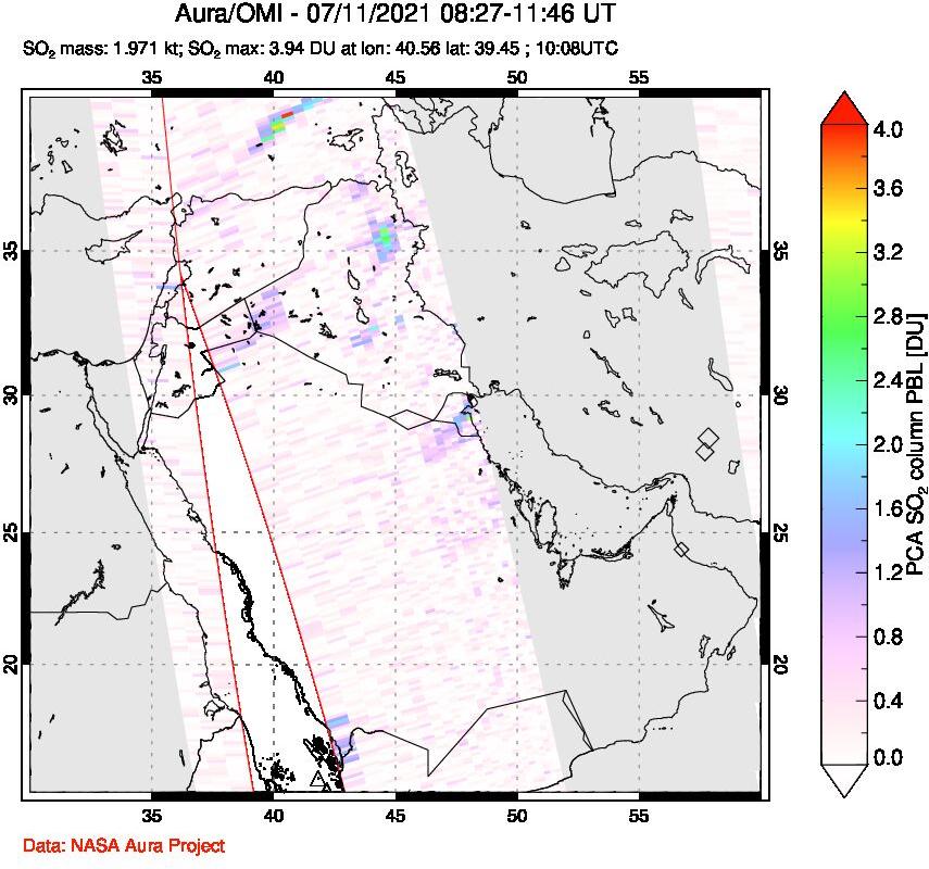 A sulfur dioxide image over Middle East on Jul 11, 2021.