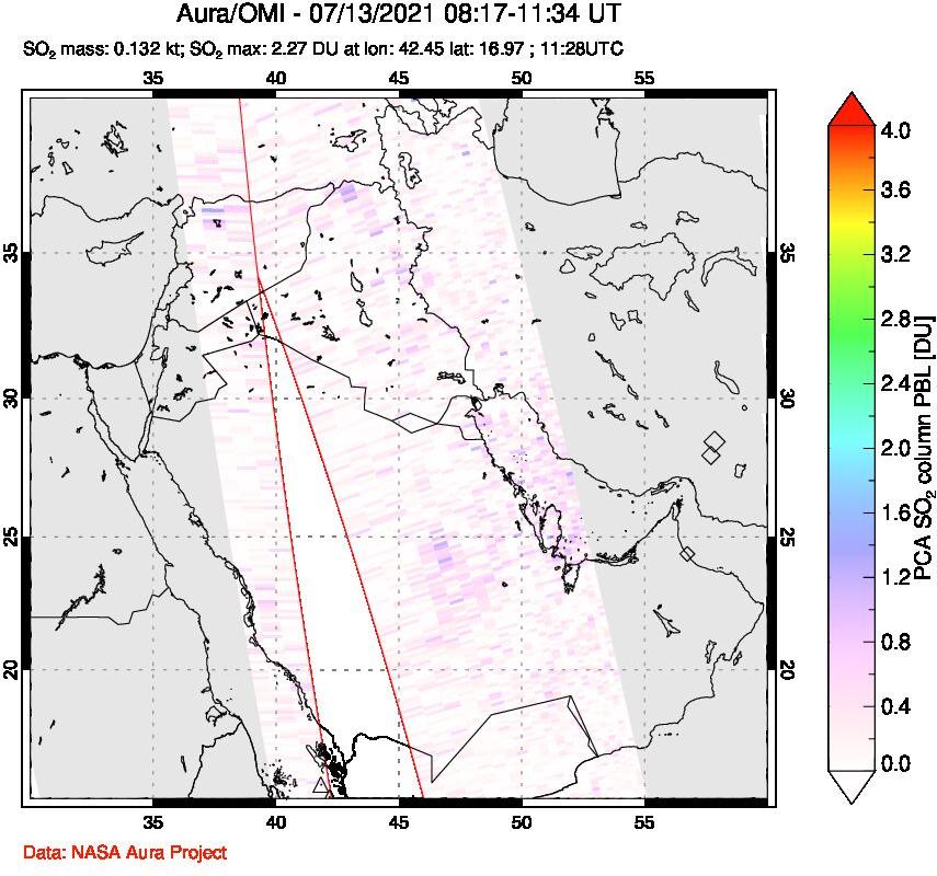 A sulfur dioxide image over Middle East on Jul 13, 2021.