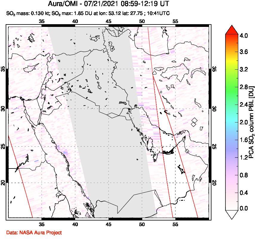 A sulfur dioxide image over Middle East on Jul 21, 2021.