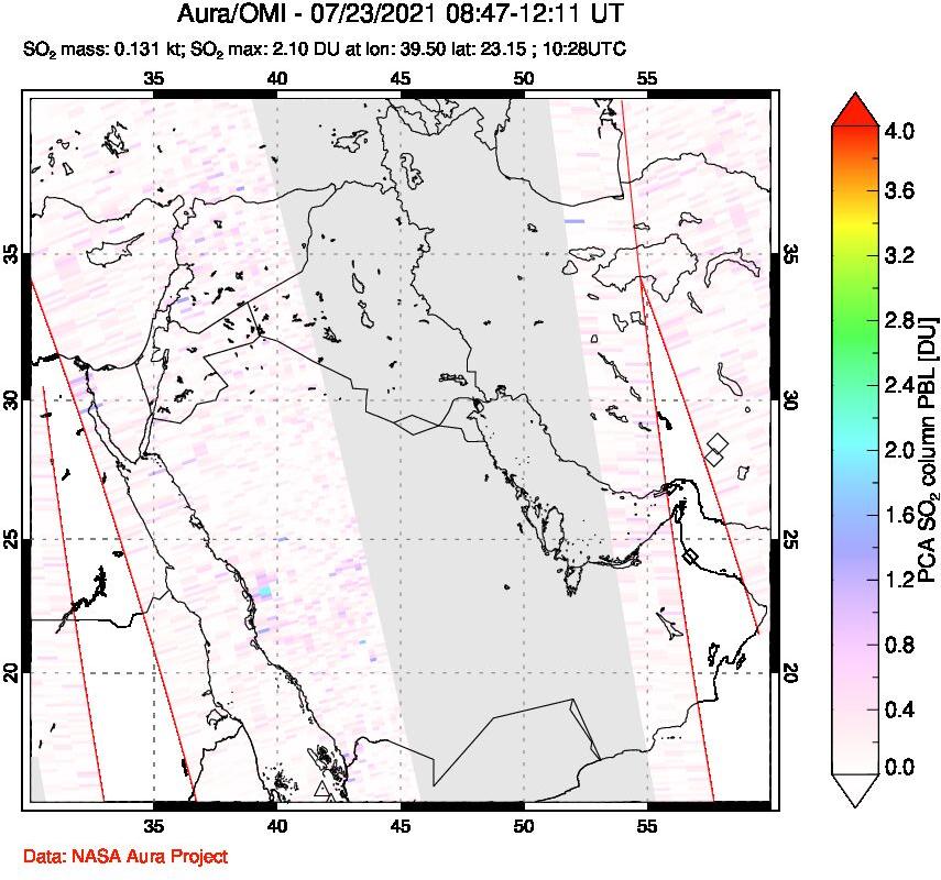 A sulfur dioxide image over Middle East on Jul 23, 2021.