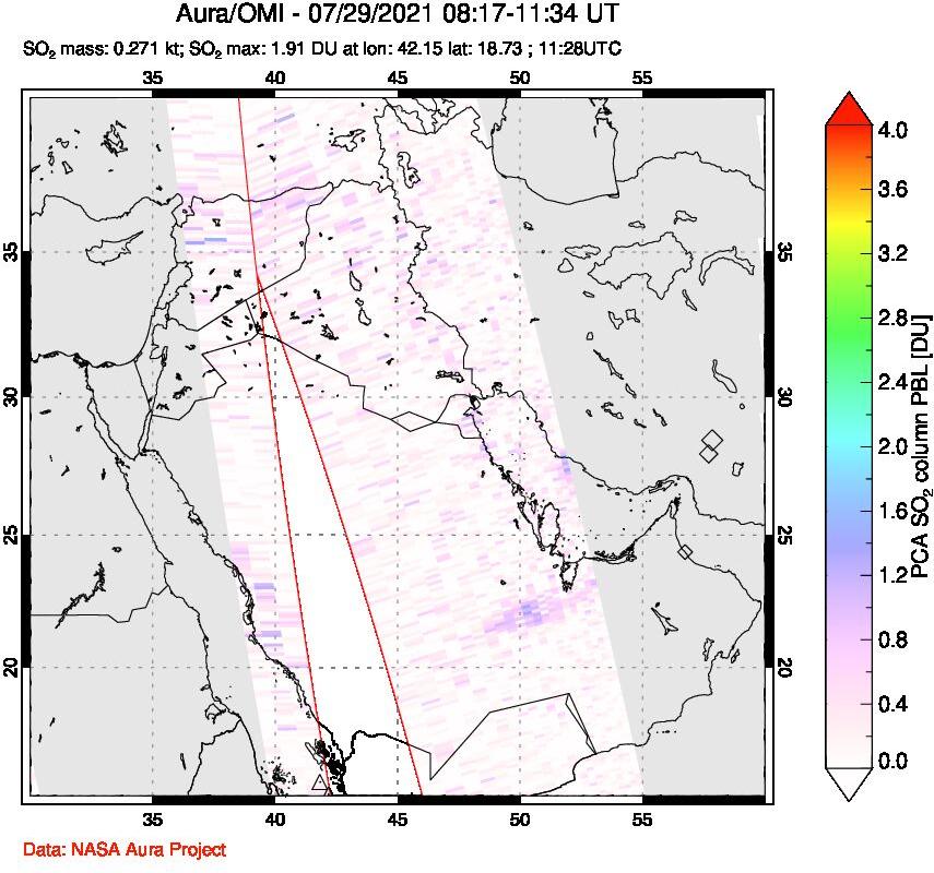 A sulfur dioxide image over Middle East on Jul 29, 2021.