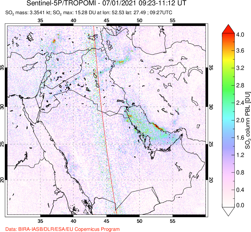 A sulfur dioxide image over Middle East on Jul 01, 2021.