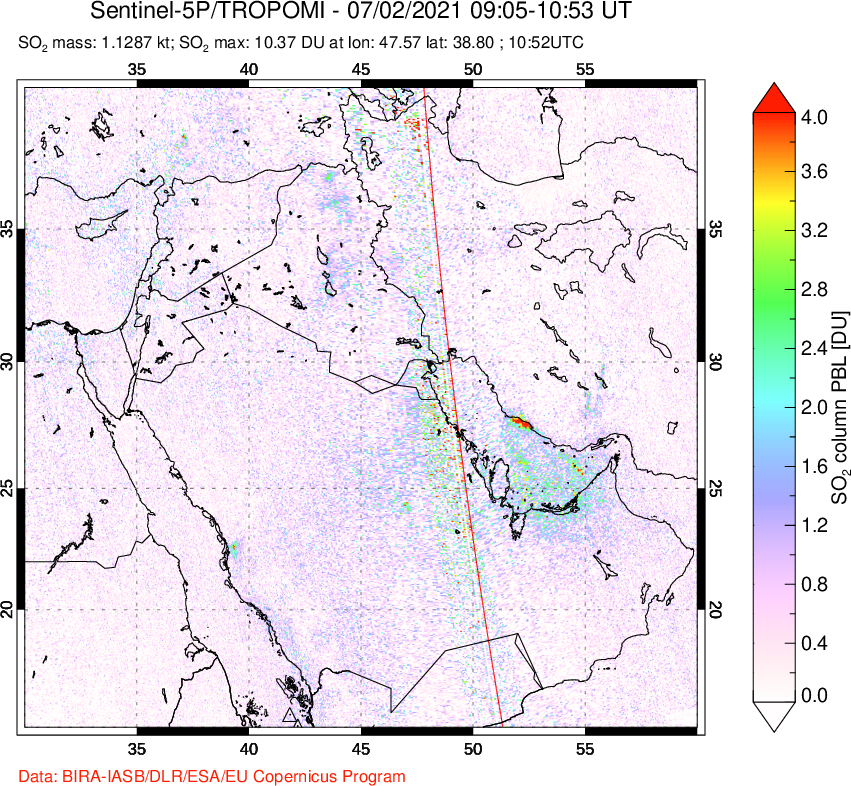 A sulfur dioxide image over Middle East on Jul 02, 2021.
