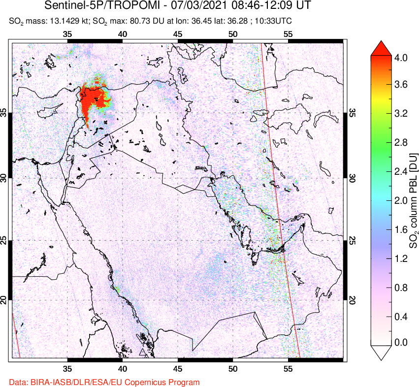 A sulfur dioxide image over Middle East on Jul 03, 2021.