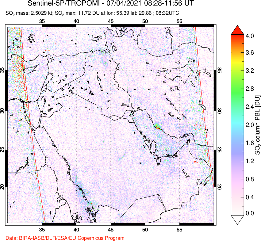 A sulfur dioxide image over Middle East on Jul 04, 2021.