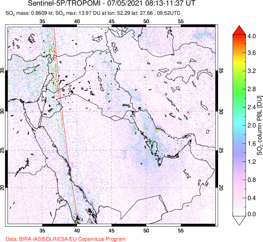 A sulfur dioxide image over Middle East on Jul 05, 2021.