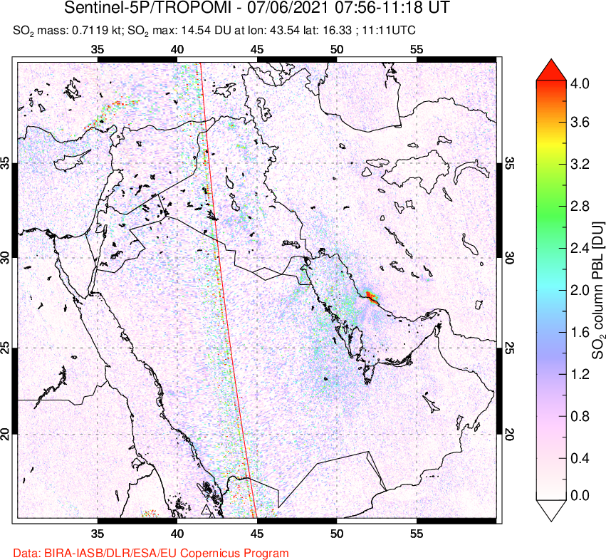 A sulfur dioxide image over Middle East on Jul 06, 2021.