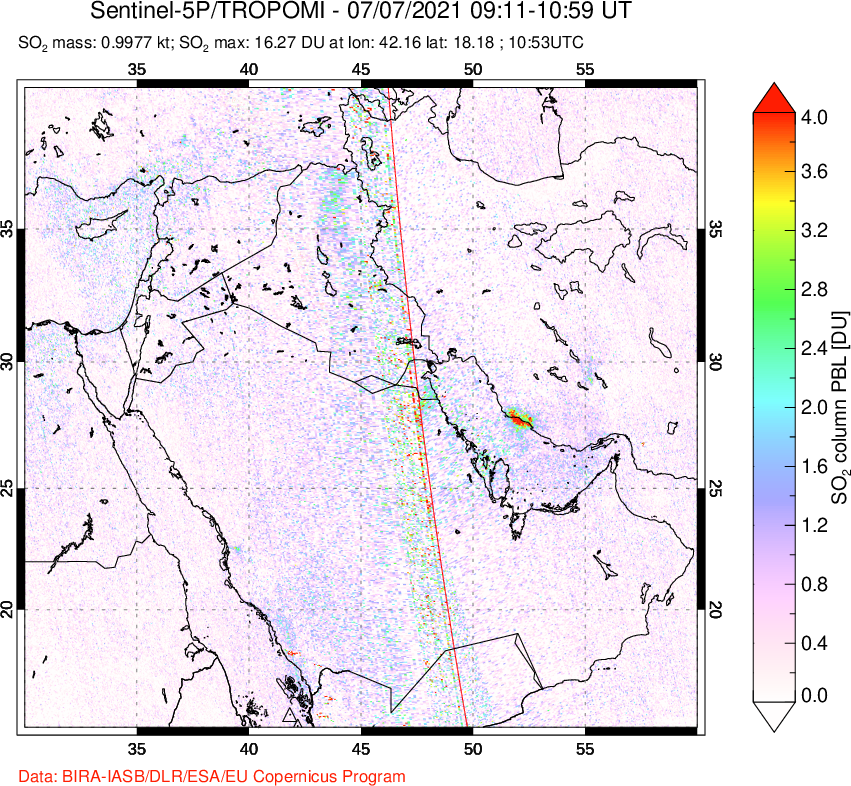 A sulfur dioxide image over Middle East on Jul 07, 2021.