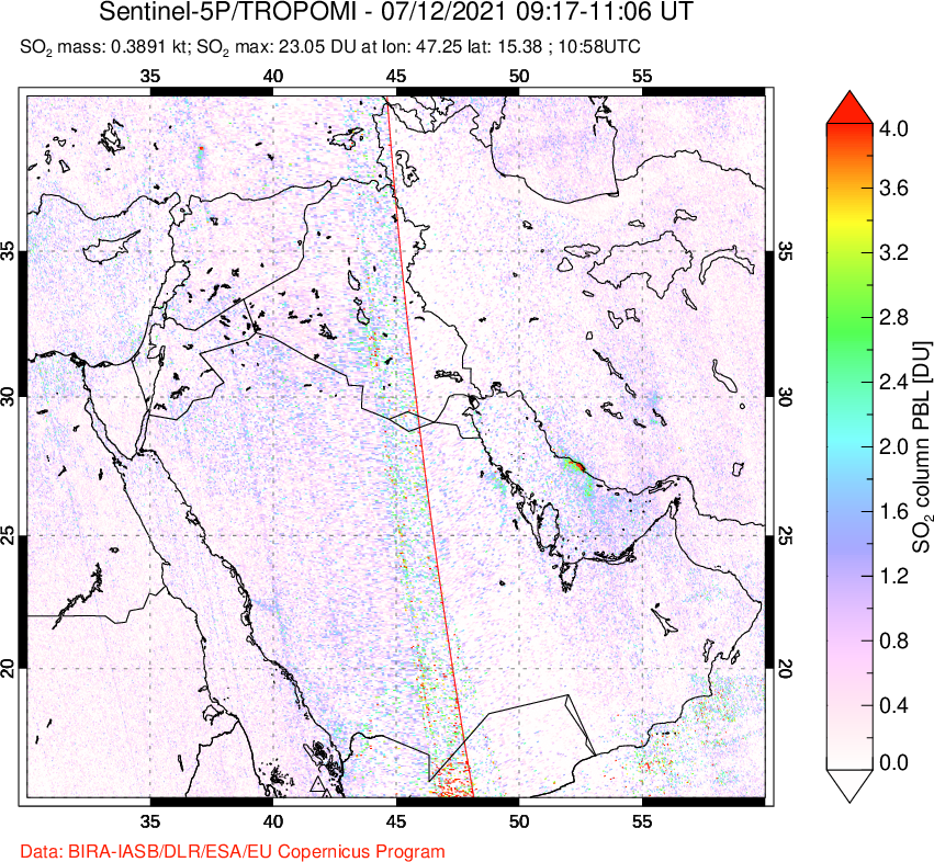 A sulfur dioxide image over Middle East on Jul 12, 2021.