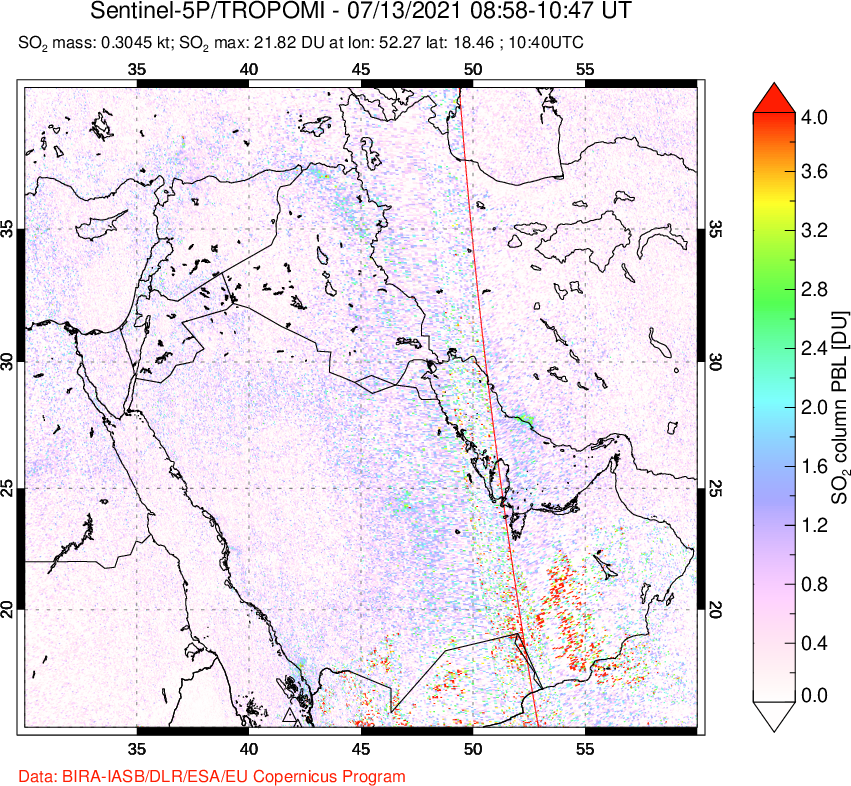 A sulfur dioxide image over Middle East on Jul 13, 2021.