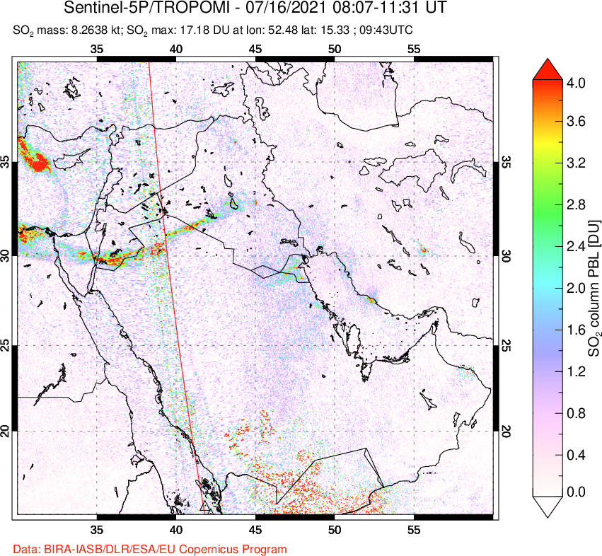 A sulfur dioxide image over Middle East on Jul 16, 2021.