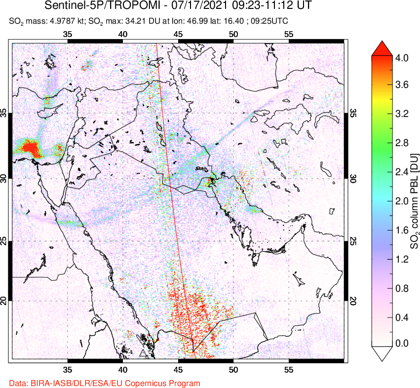 A sulfur dioxide image over Middle East on Jul 17, 2021.