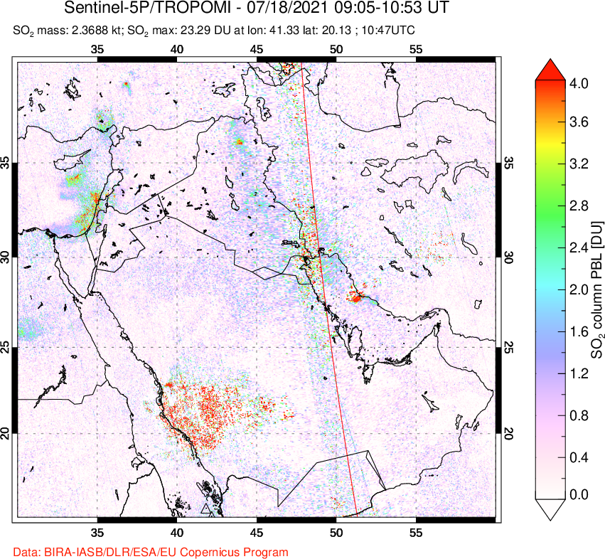 A sulfur dioxide image over Middle East on Jul 18, 2021.