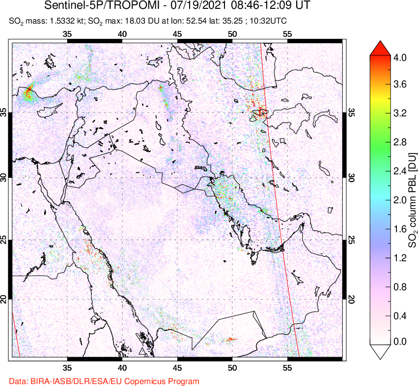 A sulfur dioxide image over Middle East on Jul 19, 2021.