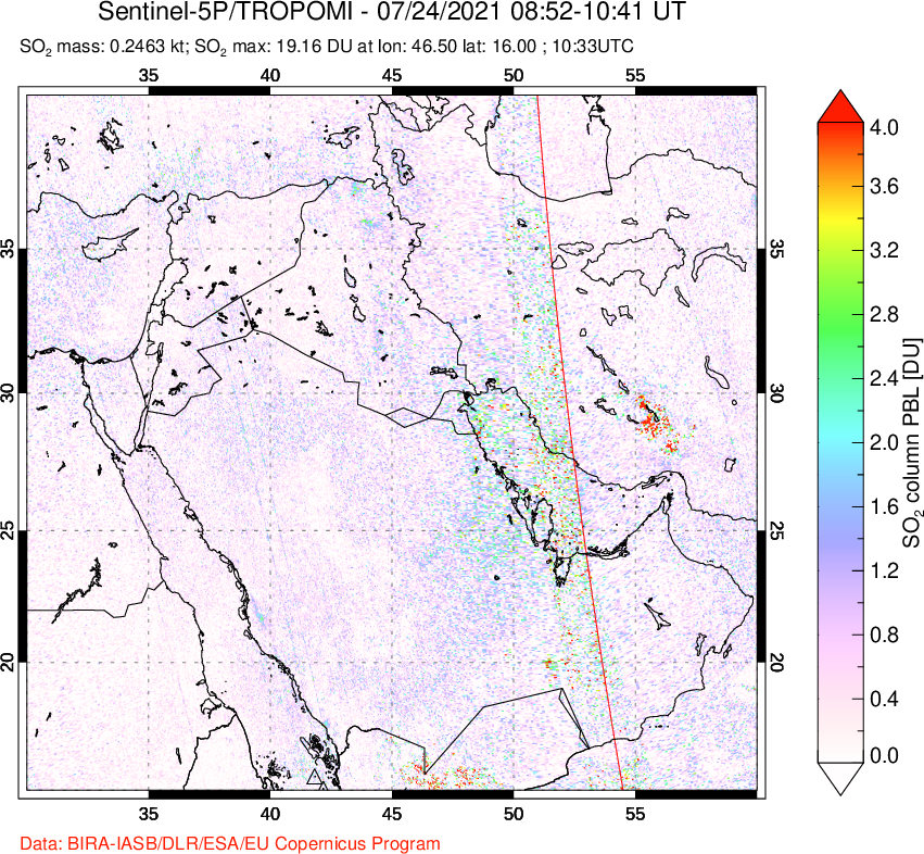A sulfur dioxide image over Middle East on Jul 24, 2021.