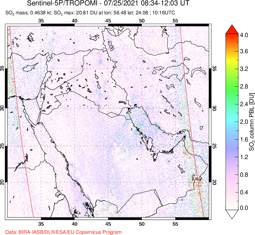 A sulfur dioxide image over Middle East on Jul 25, 2021.