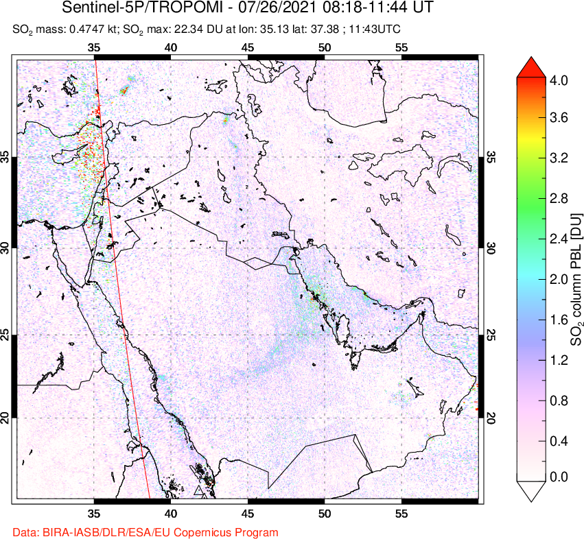 A sulfur dioxide image over Middle East on Jul 26, 2021.