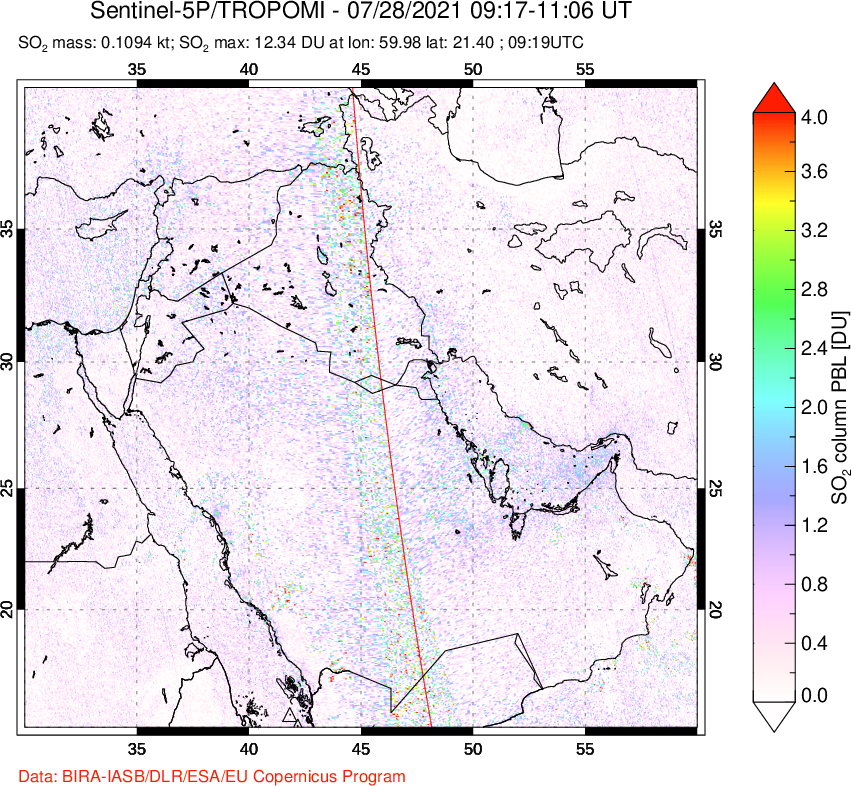 A sulfur dioxide image over Middle East on Jul 28, 2021.