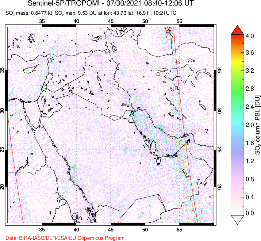 A sulfur dioxide image over Middle East on Jul 30, 2021.