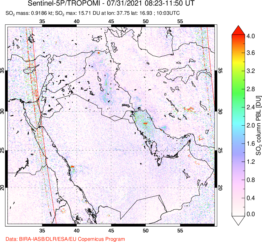A sulfur dioxide image over Middle East on Jul 31, 2021.
