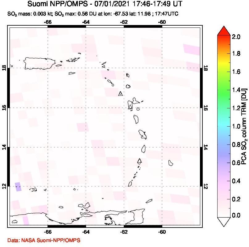 A sulfur dioxide image over Montserrat, West Indies on Jul 01, 2021.