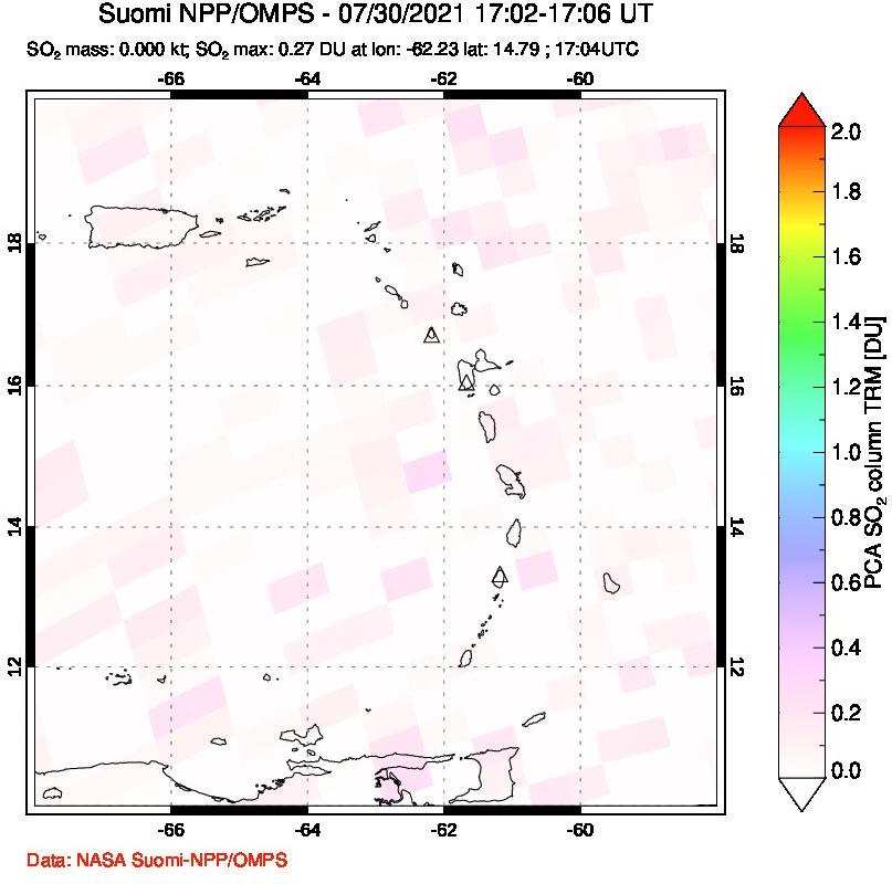 A sulfur dioxide image over Montserrat, West Indies on Jul 30, 2021.