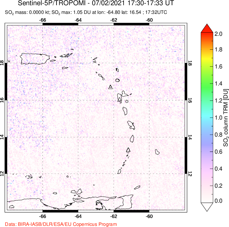A sulfur dioxide image over Montserrat, West Indies on Jul 02, 2021.
