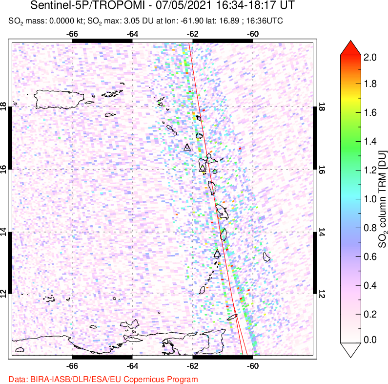 A sulfur dioxide image over Montserrat, West Indies on Jul 05, 2021.