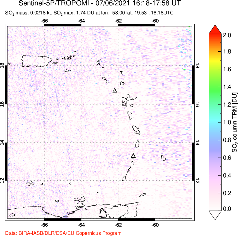 A sulfur dioxide image over Montserrat, West Indies on Jul 06, 2021.