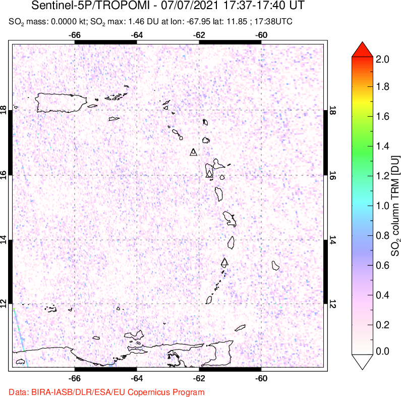 A sulfur dioxide image over Montserrat, West Indies on Jul 07, 2021.