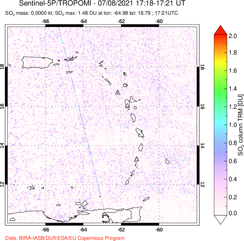 A sulfur dioxide image over Montserrat, West Indies on Jul 08, 2021.