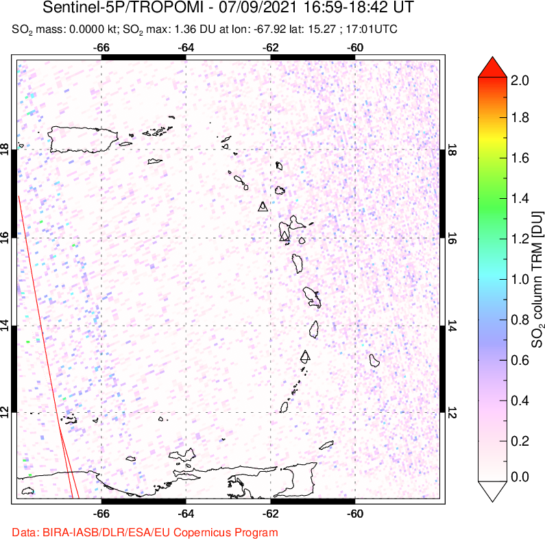 A sulfur dioxide image over Montserrat, West Indies on Jul 09, 2021.