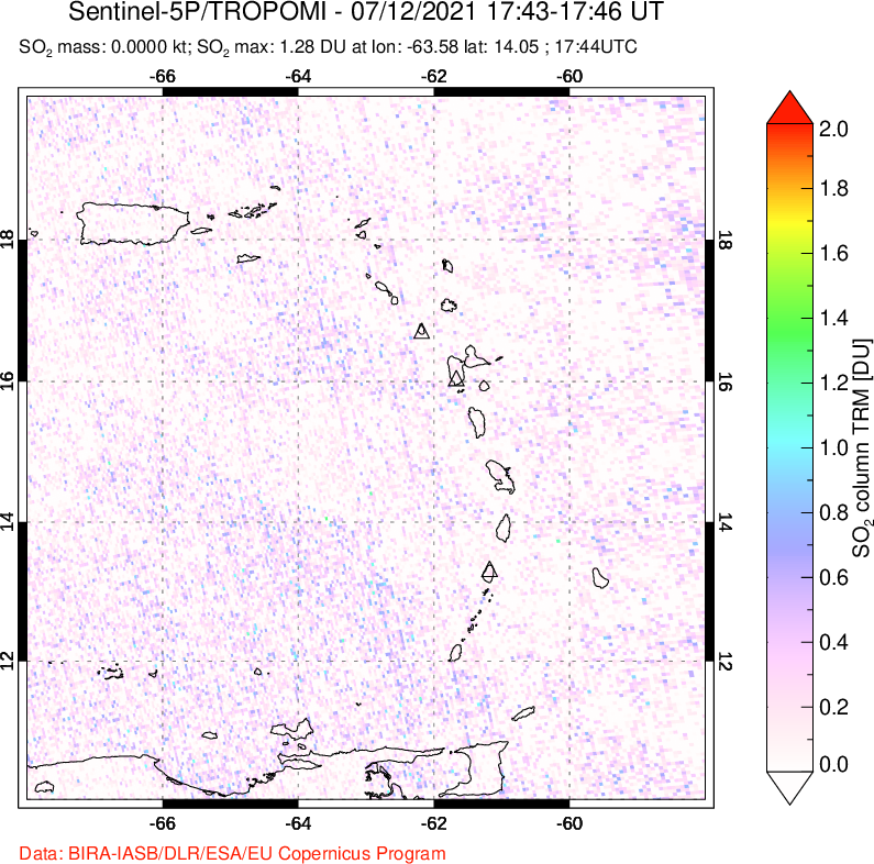 A sulfur dioxide image over Montserrat, West Indies on Jul 12, 2021.