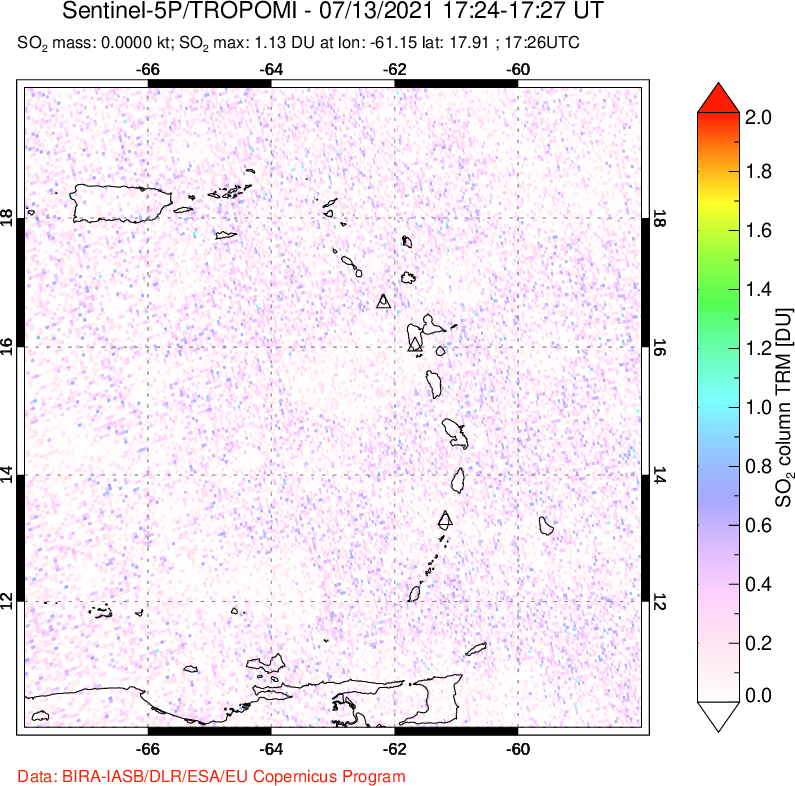 A sulfur dioxide image over Montserrat, West Indies on Jul 13, 2021.