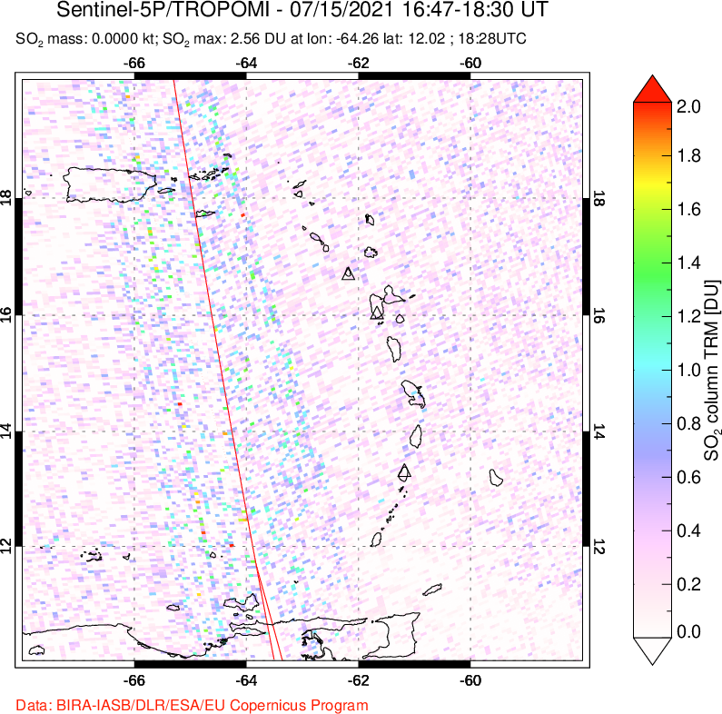 A sulfur dioxide image over Montserrat, West Indies on Jul 15, 2021.
