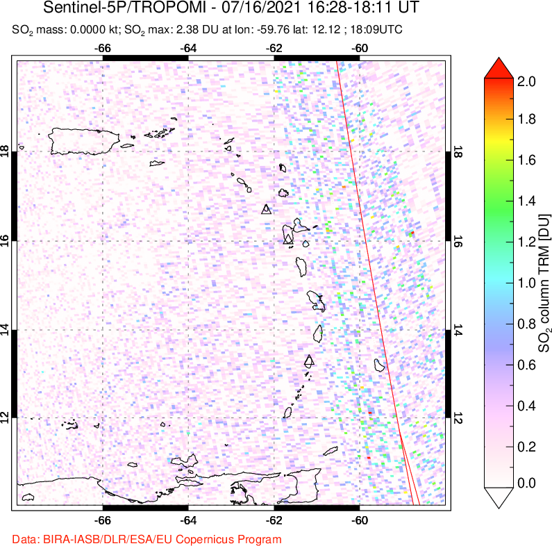 A sulfur dioxide image over Montserrat, West Indies on Jul 16, 2021.