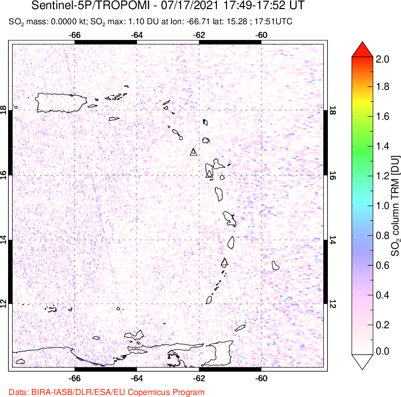 A sulfur dioxide image over Montserrat, West Indies on Jul 17, 2021.