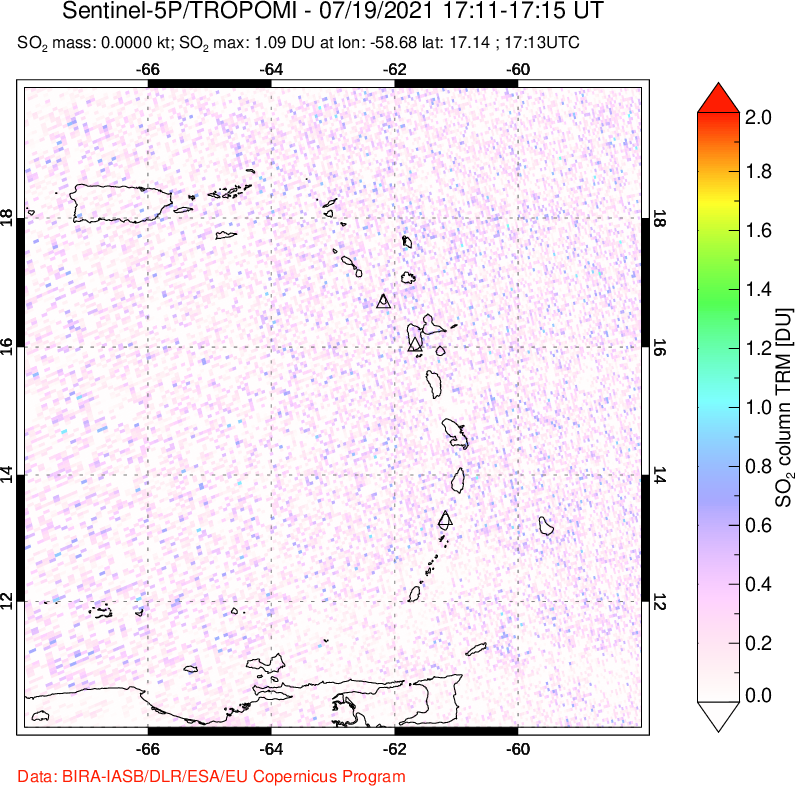 A sulfur dioxide image over Montserrat, West Indies on Jul 19, 2021.