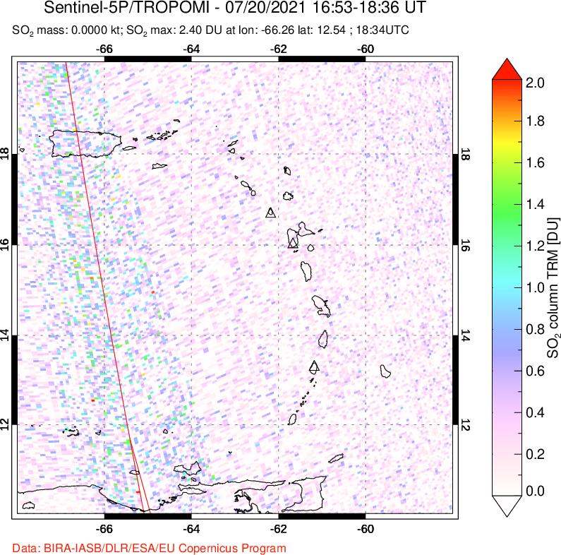 A sulfur dioxide image over Montserrat, West Indies on Jul 20, 2021.
