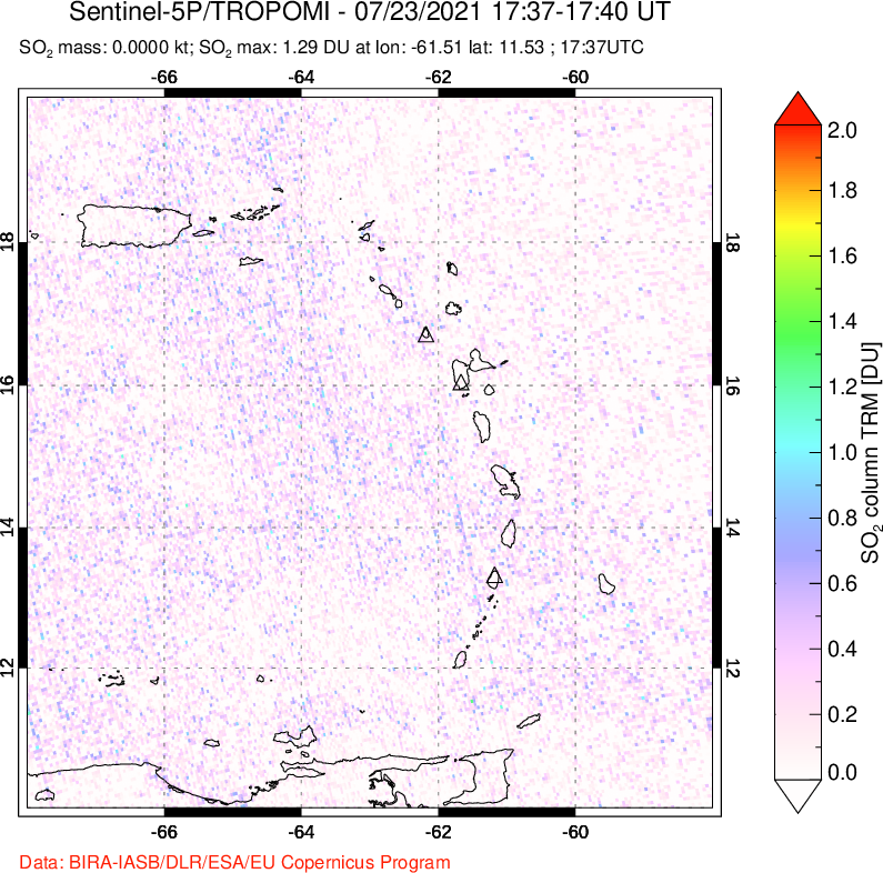 A sulfur dioxide image over Montserrat, West Indies on Jul 23, 2021.
