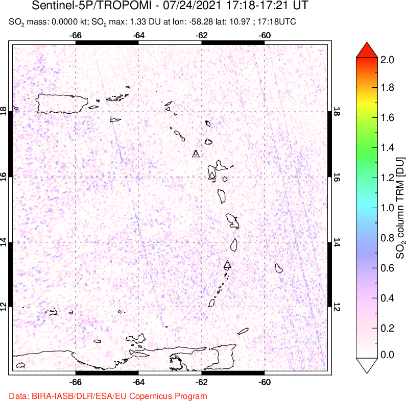 A sulfur dioxide image over Montserrat, West Indies on Jul 24, 2021.