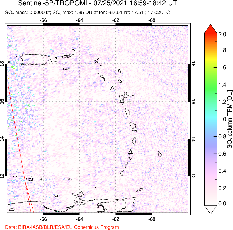 A sulfur dioxide image over Montserrat, West Indies on Jul 25, 2021.