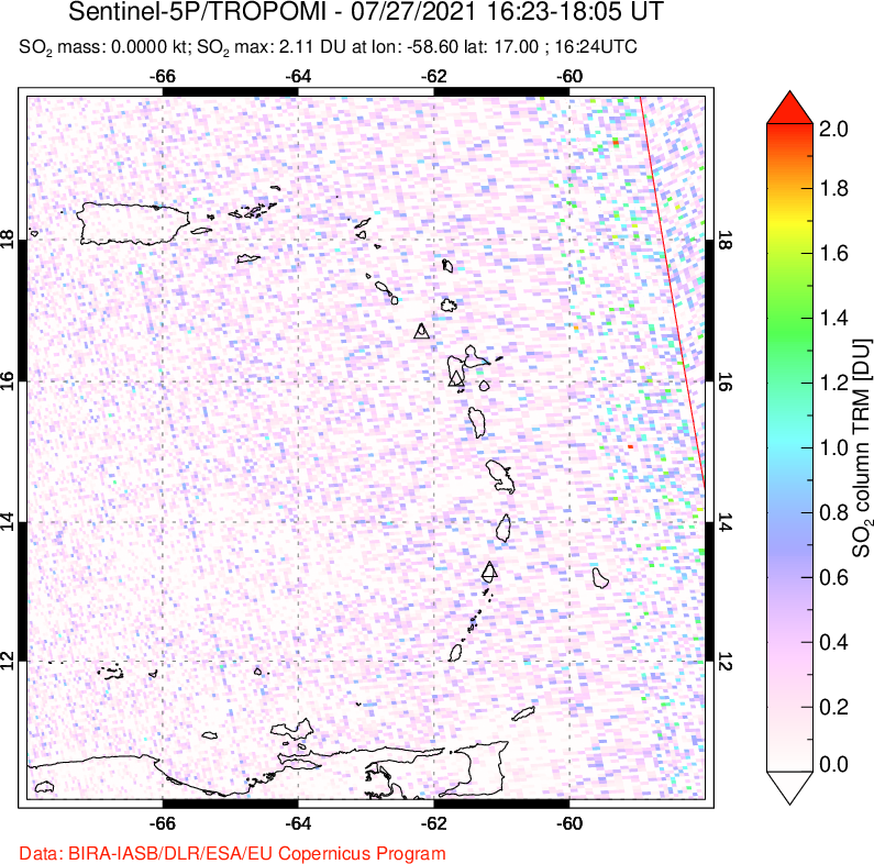 A sulfur dioxide image over Montserrat, West Indies on Jul 27, 2021.