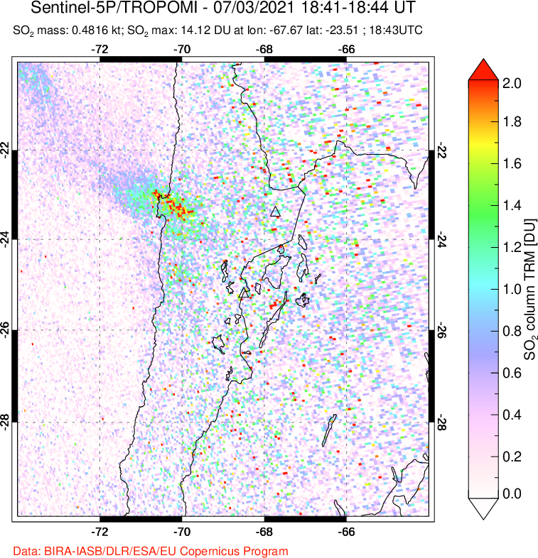 A sulfur dioxide image over Northern Chile on Jul 03, 2021.