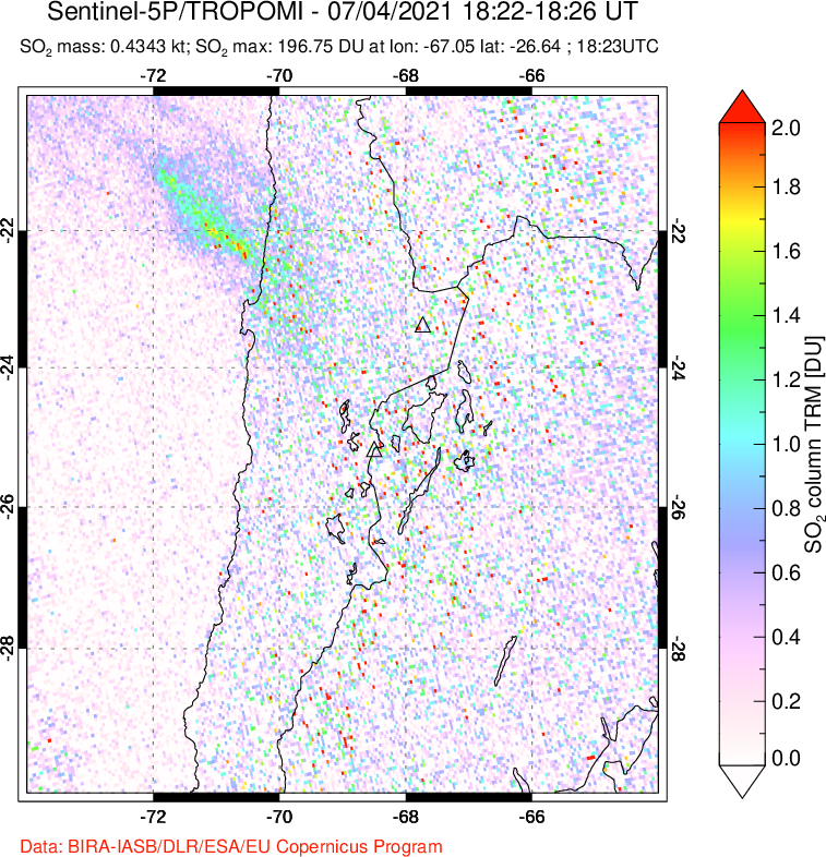 A sulfur dioxide image over Northern Chile on Jul 04, 2021.