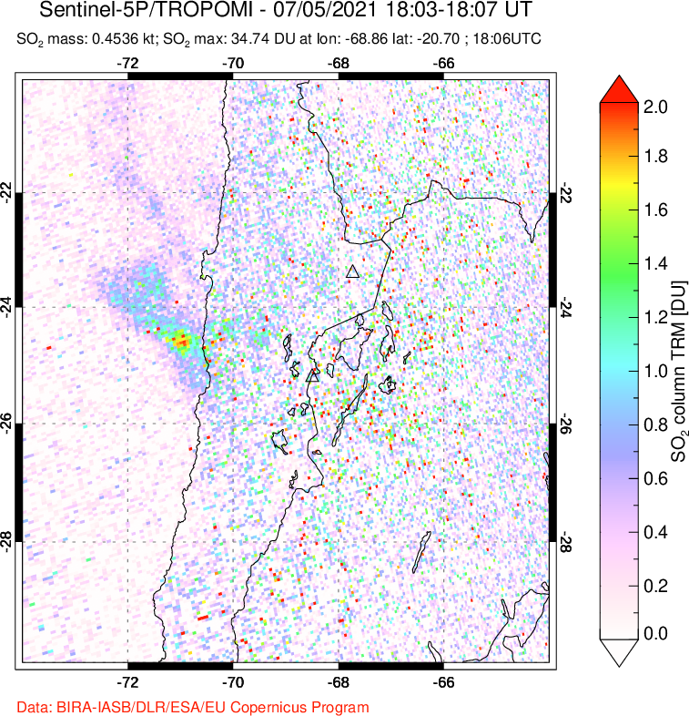A sulfur dioxide image over Northern Chile on Jul 05, 2021.